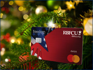 RBFCU Freedom Debit Card hanging on Christmas tree