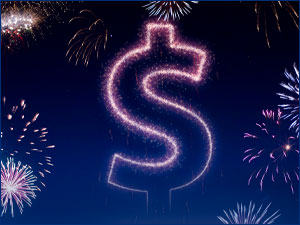 Money sign with fireworks around it