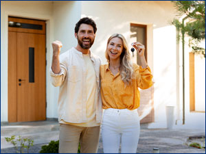 Couple standing outside of home with a set of keys. 