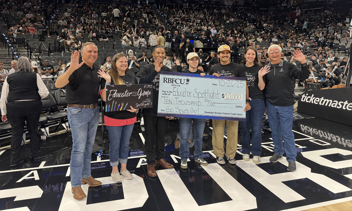 President/CEO Mark Sekula and Board Chair Ed Polansky joined the first five winners of the RBFCU-sponsored Spurs Educator Spotlight Sweepstakes.