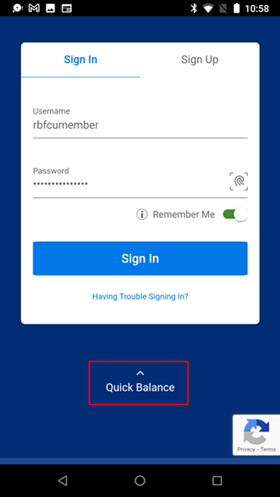 Screenshot from Android device with Quick Balance highlighted Screenshot from Android device with Quick Balance highlighted