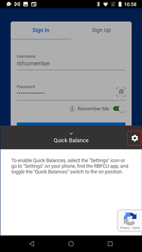 Screenshot from Android device with Quick Balance settings highlighted