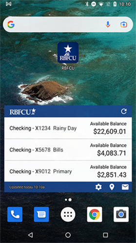 Screenshot from Android device showing RBFCU Mobile app widget on home screen
