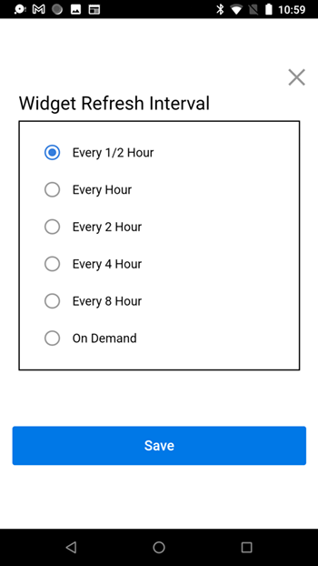 Screenshot from Android device showing Widget Refresh Interval options