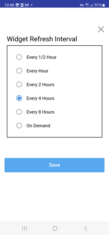 Screenshot from Android device showing Widget Refresh Interval options