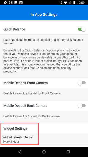Screenshot from Android device with Widget Settings highlighted
