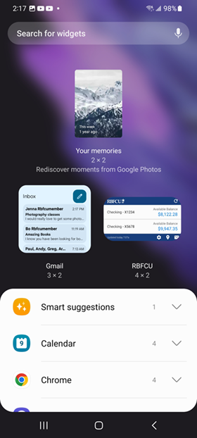 Find the RBFCU Mobile app widget – Hold the widget until you're allowed to place it.