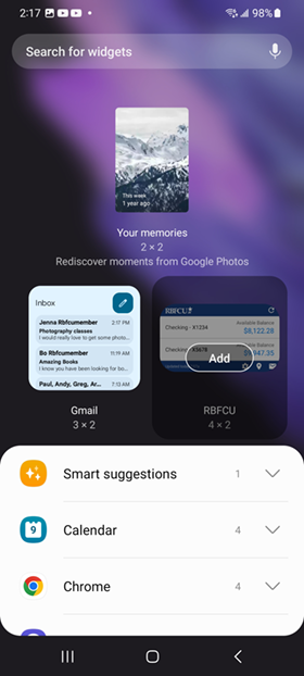 Place, resize and customize – Place the RBFCU Mobile app widget on your home screen and adjust to your desired size.