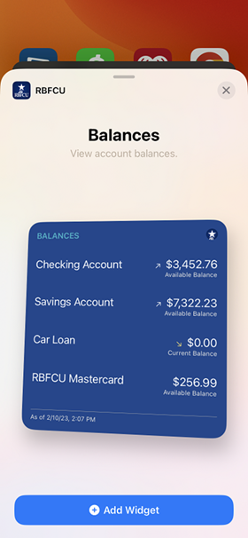 Find the RBFCU Mobile app widget – Find and select the RBFCU Mobile app widget.