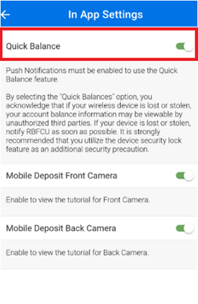 Quick Balance setting on Android device