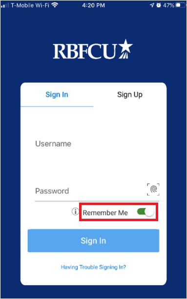 "Remember Me" option on RBFCU Mobile app