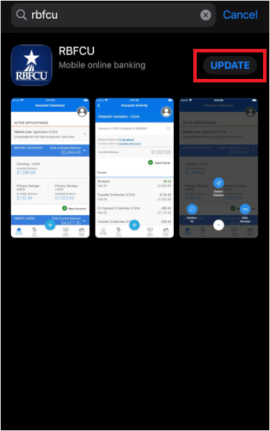 Image of the RBFCU Mobile app in the App Store on an iPhone screen, with an Update button to update the app.