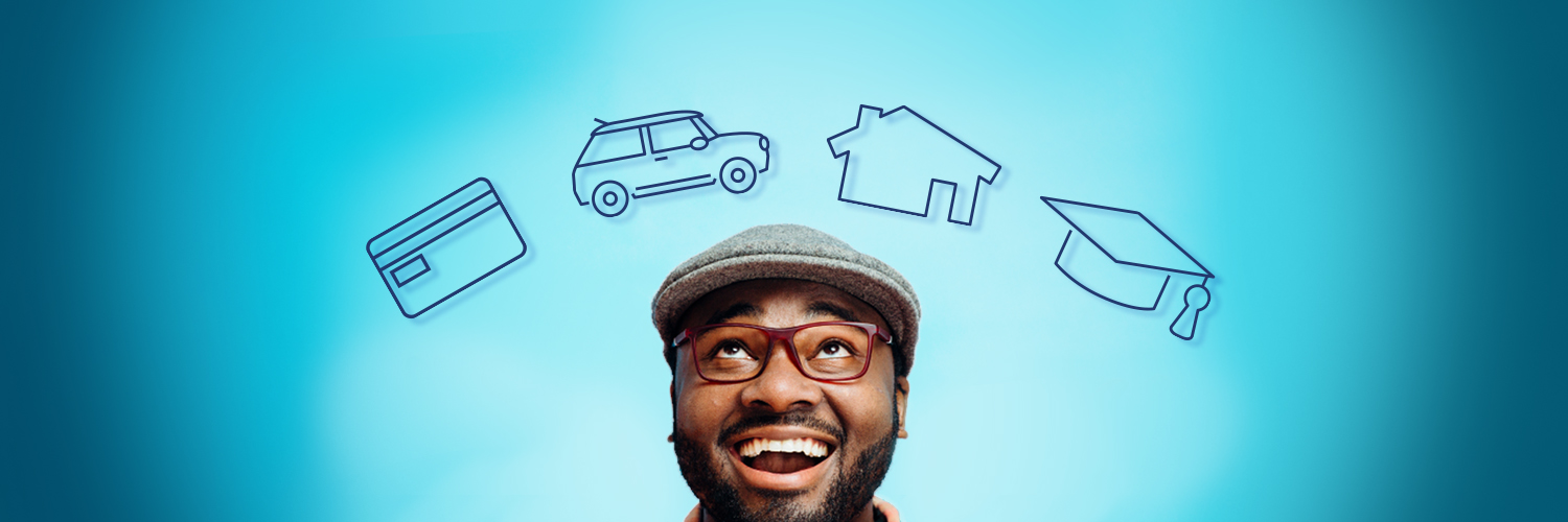 Loans-Hero-Image Person looking up at images of credit car, automobile, house and graduation cap