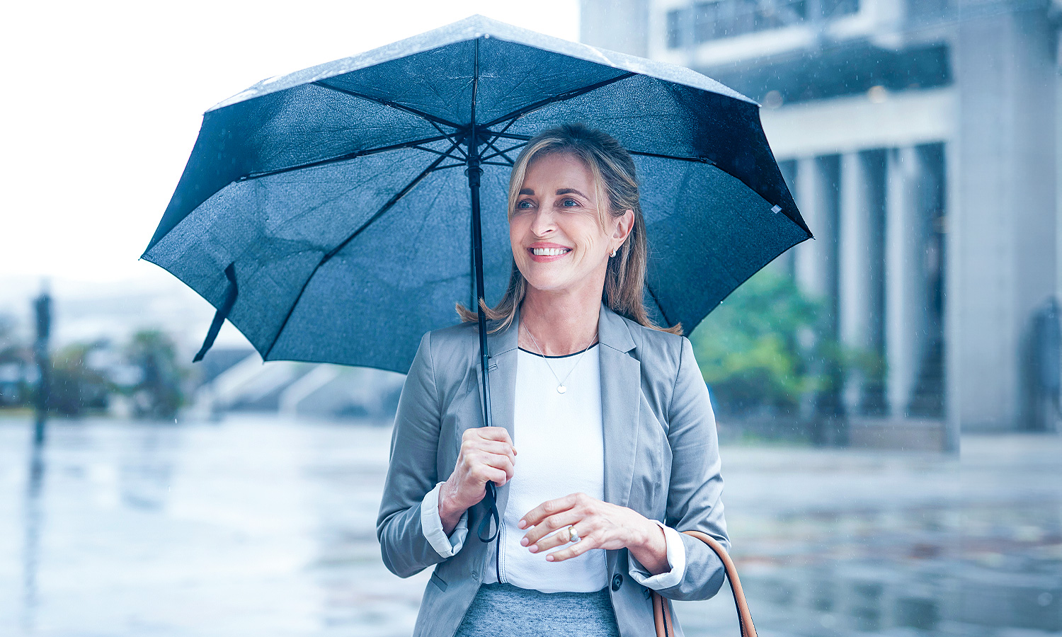 woman walking in the rain with an umbrella