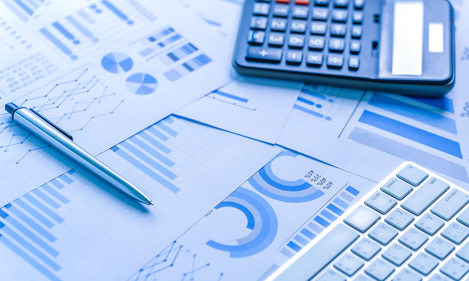 papers showing graphs and pie charts with a pen, calculator and keyboard