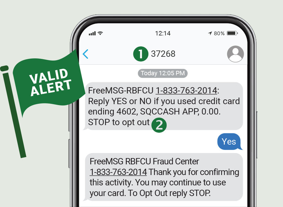 Example of a legitimate RBFCU text Alert