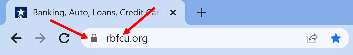 Arrows pointing to rbfcu.org and a padlock icon in website browser's address bar