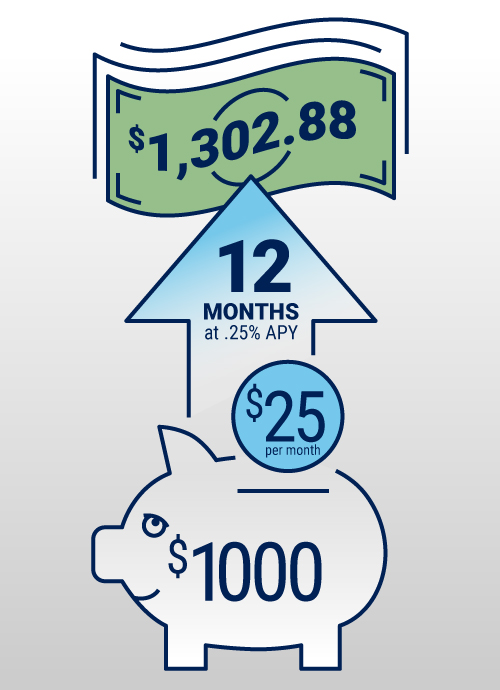 Power Up! Here's how your savings grows by adding $25 per month to your initial $1,000 investment over 12 months with a 0.25% APY Power Up! Here's how your savings grows by adding $25 per month to your initial $1,000 investment over 12 months with a 0.25% APY