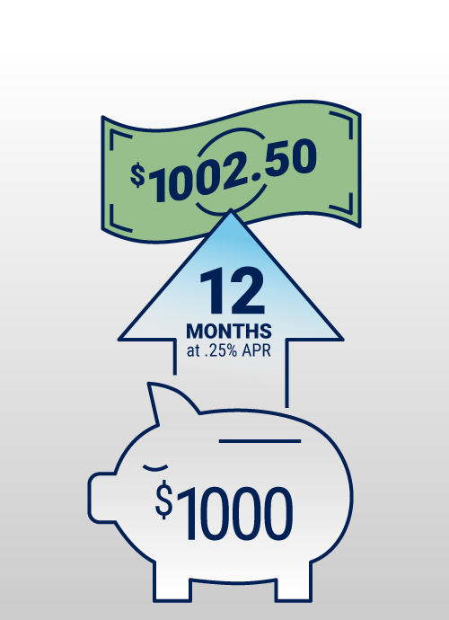 A savings account with $1,000 invested for 12 months with a 0.25% APY