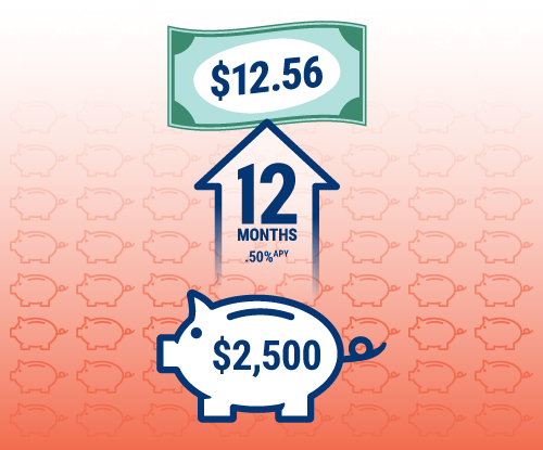 An RBFCU Classic Money Market account with $2,500 invested for 12 months with a .60% APY would earn $15. An RBFCU Classic Money Market account with $2,500 invested for 12 months with a .60% APY would earn $15.